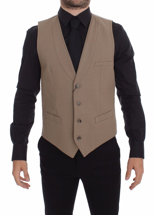 Beige Cotton Slim Fit Button Front Dress Vest Dolce & Gabbana