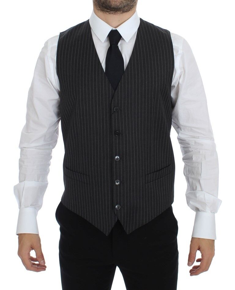 Gray Striped Wool Single Breasted Vest Dolce & Gabbana