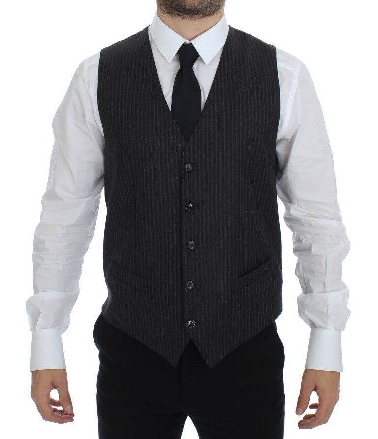 Gray Striped Wool Single Breasted Vest Dolce & Gabbana