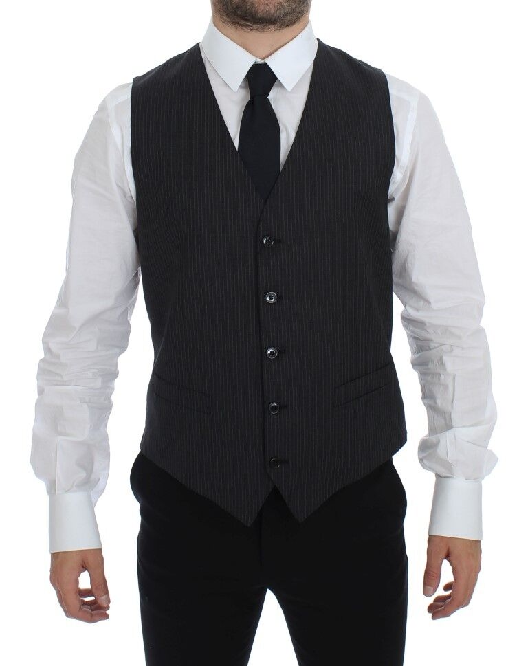 Gray Striped Wool Single Breasted Vest Dolce & Gabbana