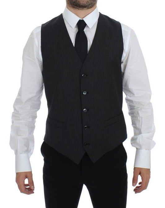 Gray Striped Wool Single Breasted Vest Dolce & Gabbana