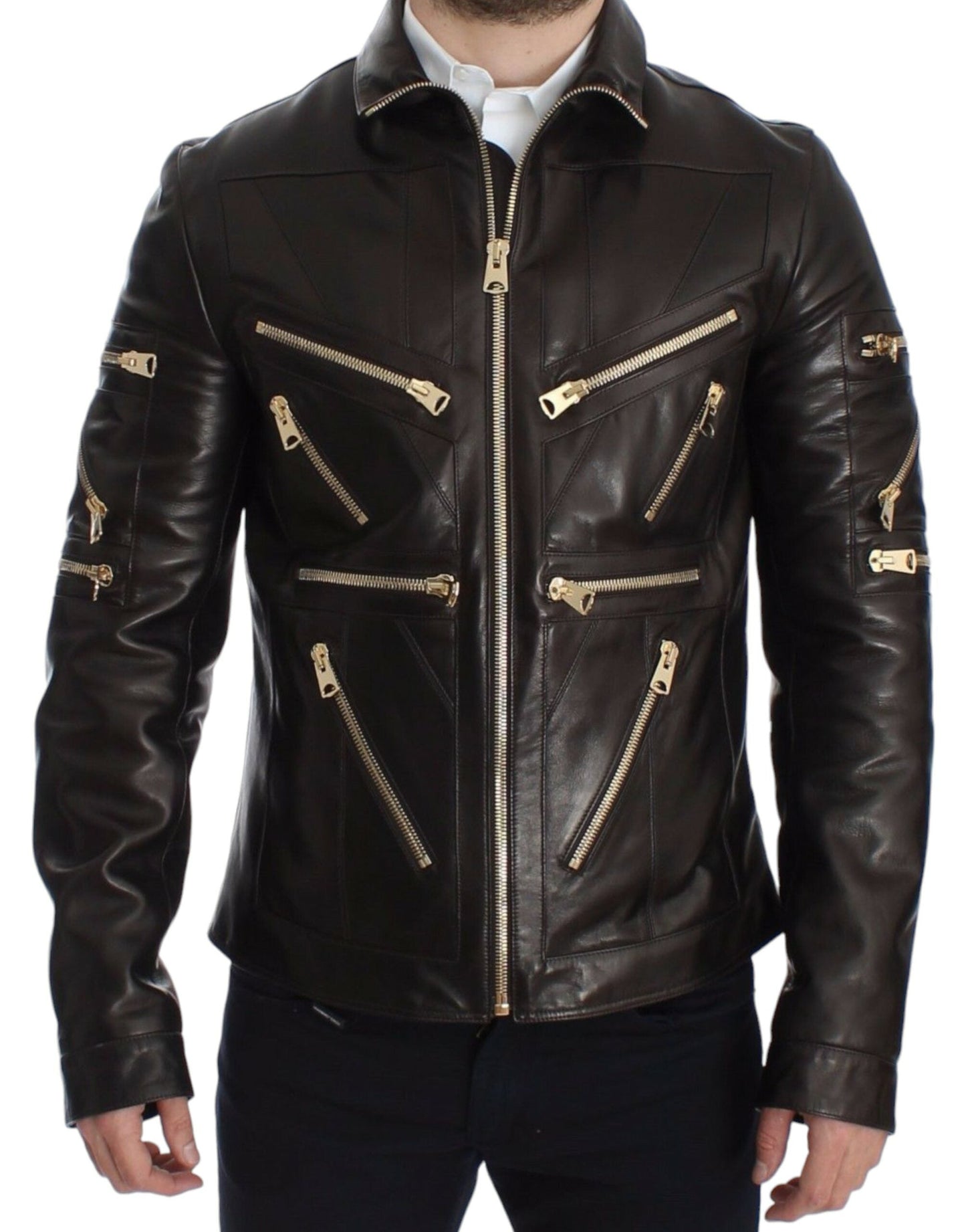 Brown Lambskin Leather Zipper Jacket Dolce & Gabbana