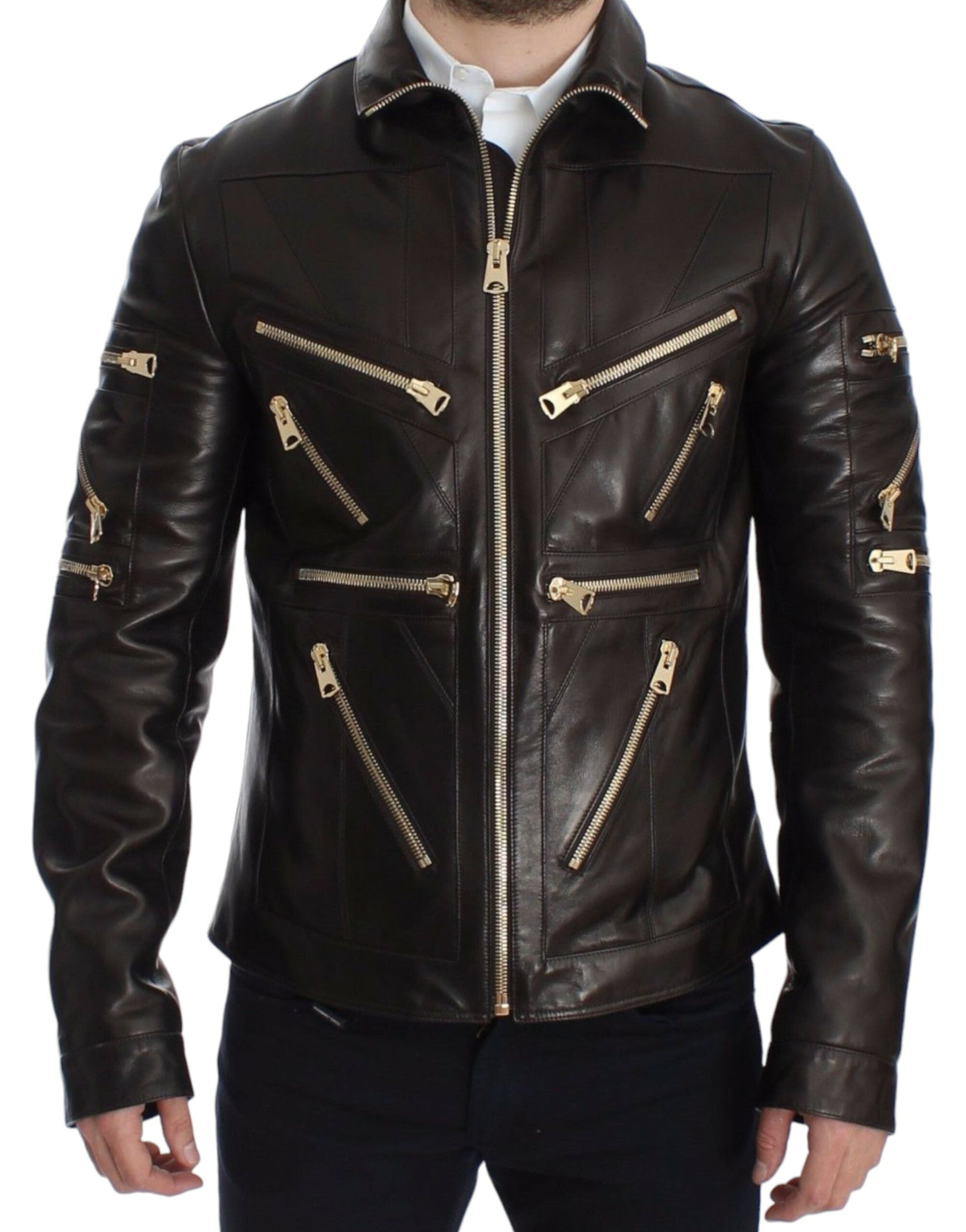 Brown Lambskin Leather Zipper Jacket Dolce & Gabbana