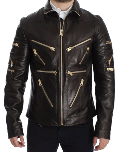 Brown Lambskin Leather Zipper Jacket Dolce & Gabbana