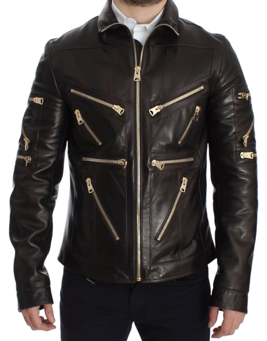 Brown Lambskin Leather Zipper Jacket Dolce & Gabbana