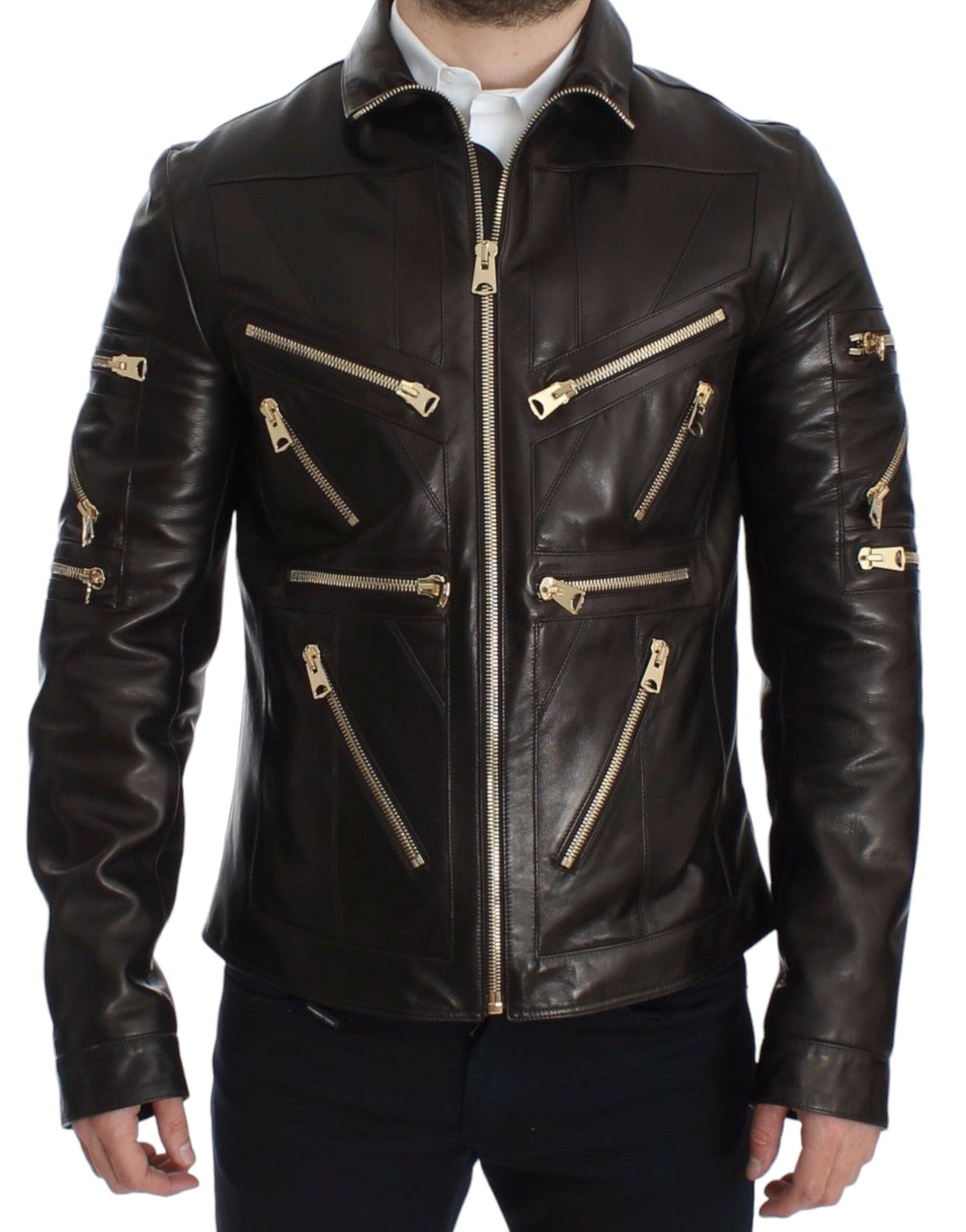Brown Lambskin Leather Zipper Jacket Dolce & Gabbana