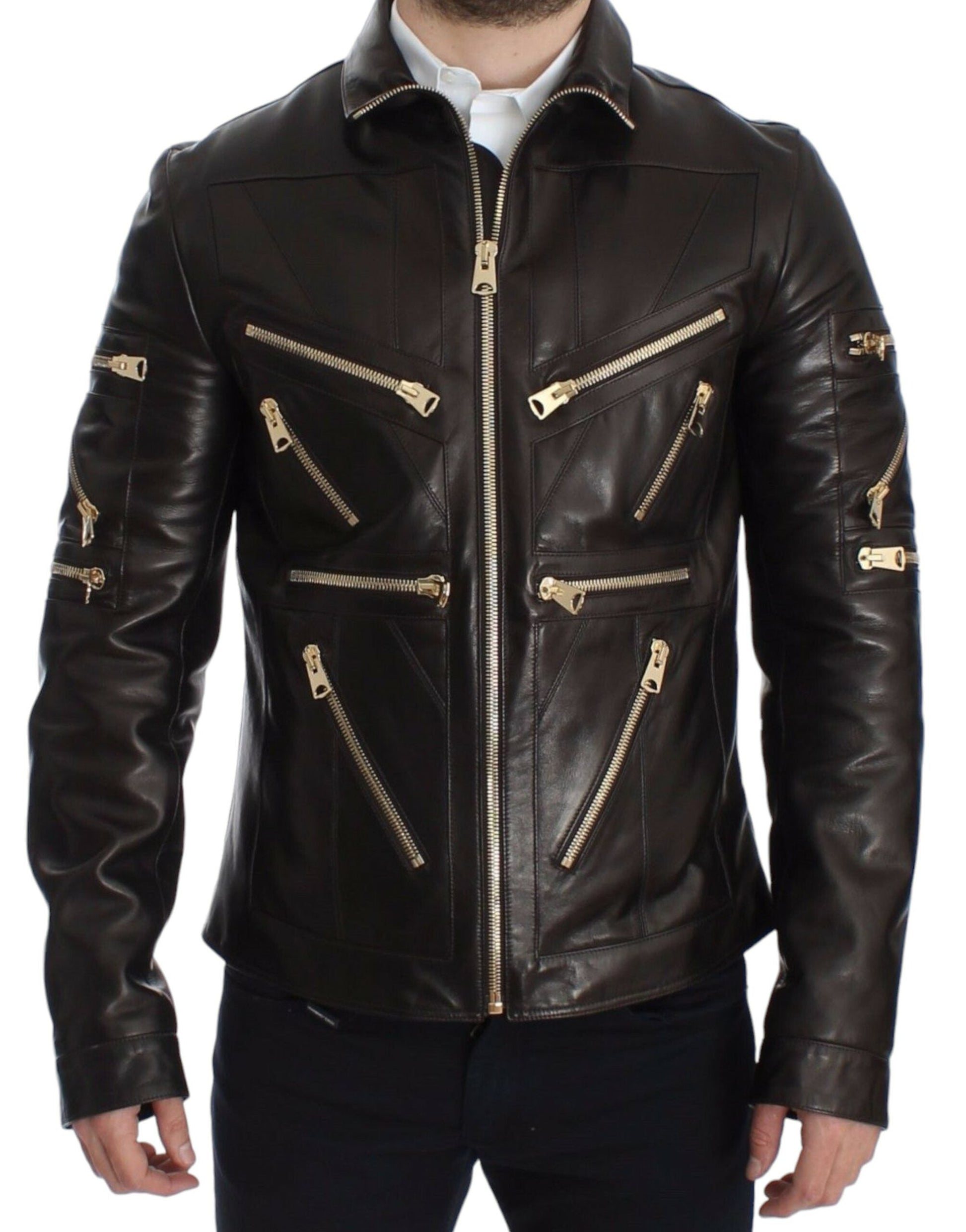 Brown Lambskin Leather Zipper Jacket Dolce & Gabbana