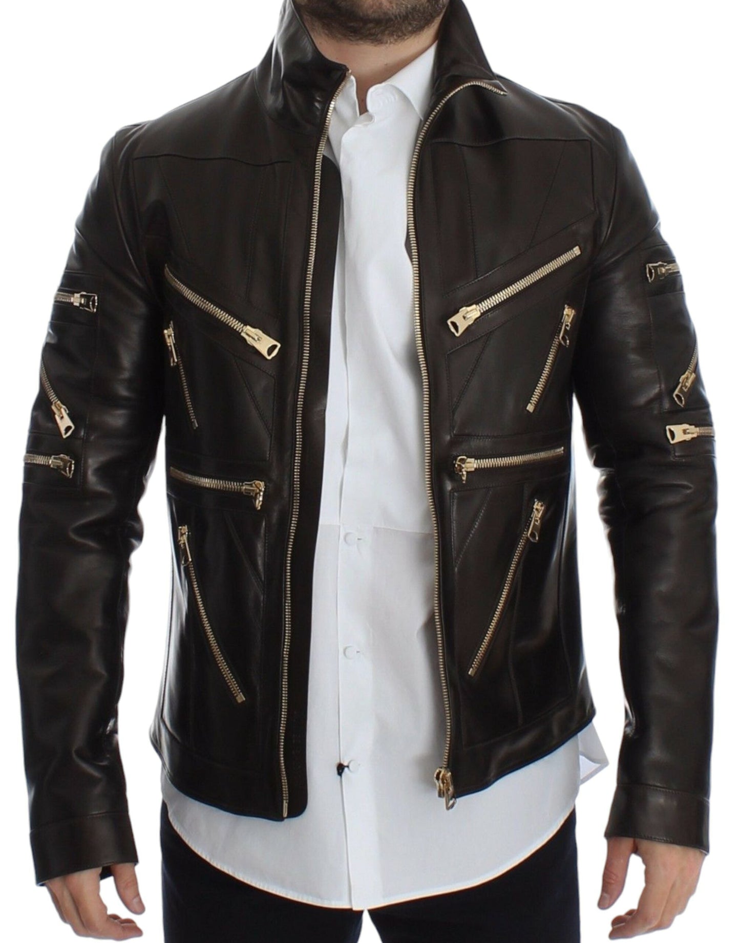 Brown Lambskin Leather Zipper Jacket Dolce & Gabbana