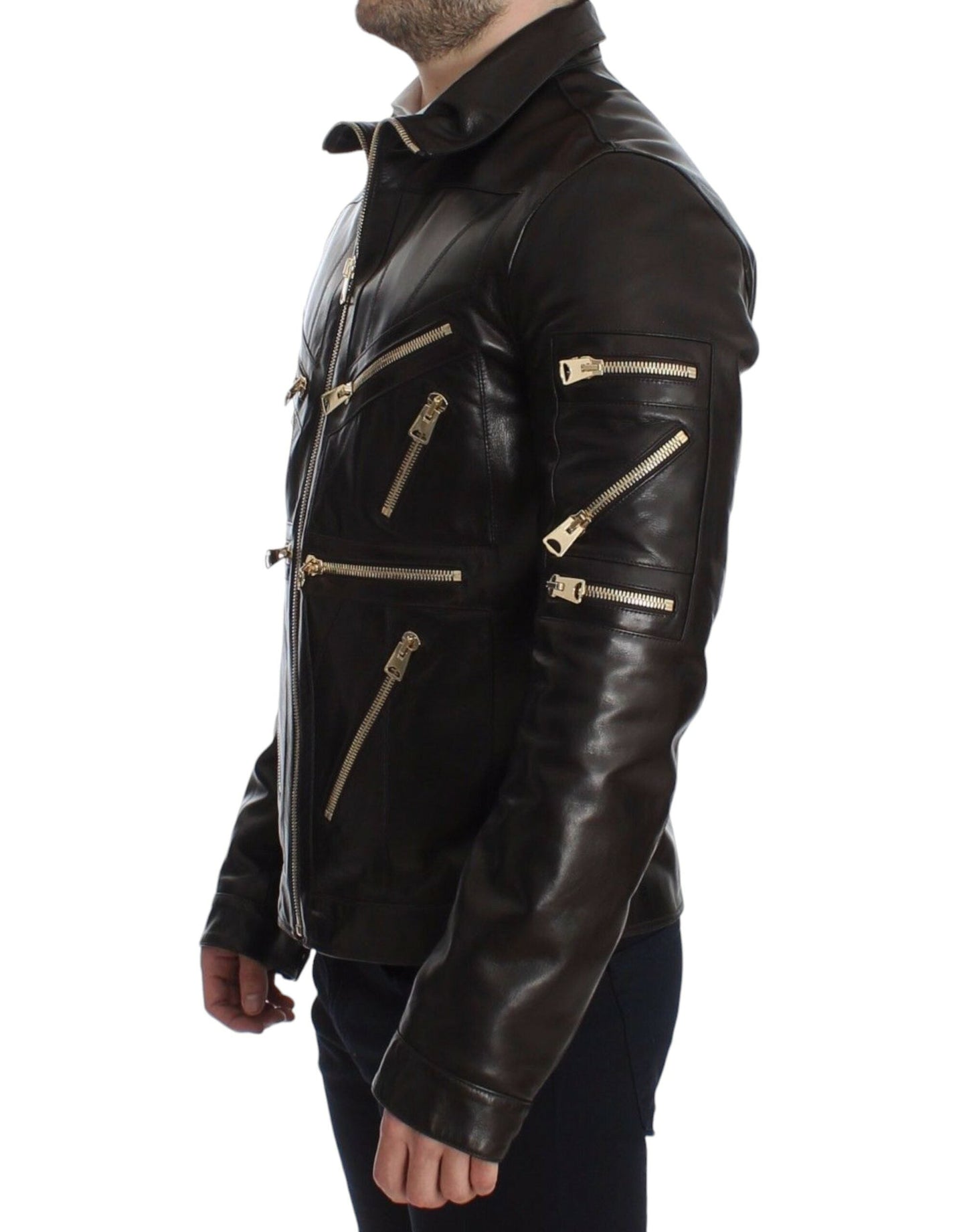 Brown Lambskin Leather Zipper Jacket Dolce & Gabbana