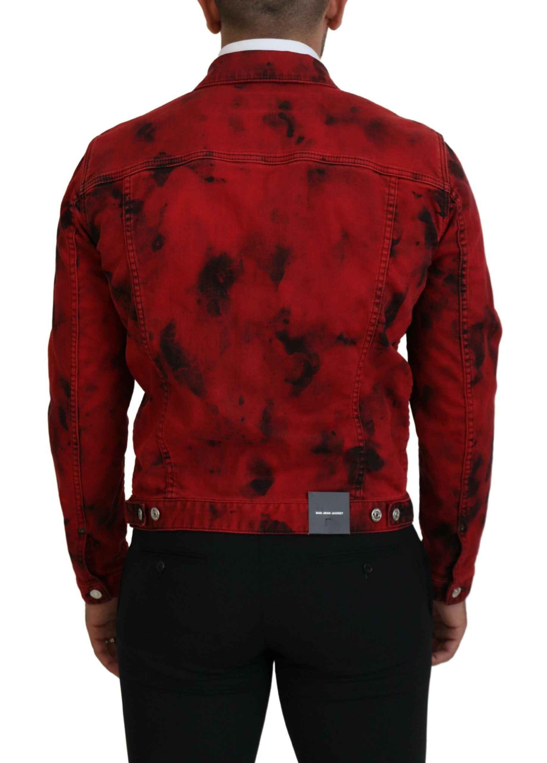 Red Black Tie Dye Collared Men Denim Jacket