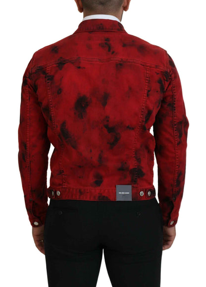 Red Black Tie Dye Collared Men Denim Jacket
