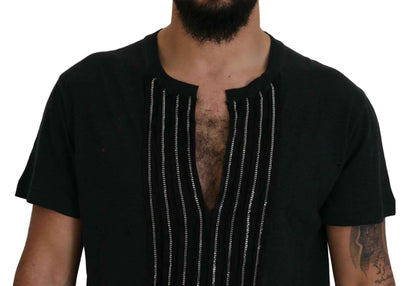 Black Chain Embellished Cotton Short Sleeve T-shirt