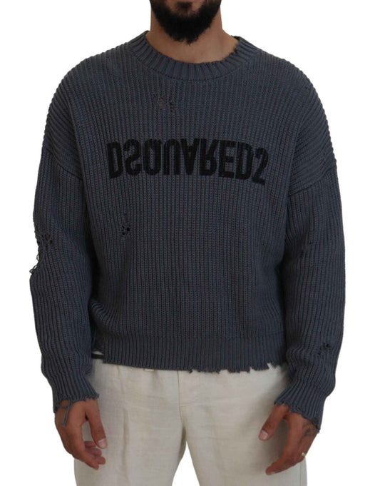 Gray Men Tattered Knitted Pullover Sweater