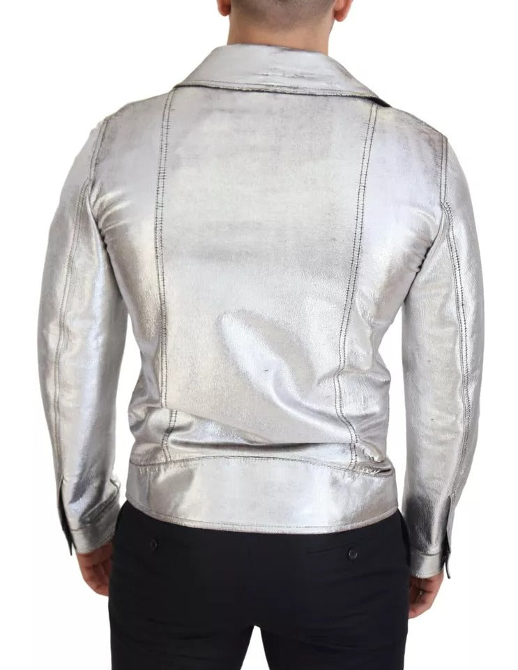 Silver Leather Biker Coat Lambskin Jacket