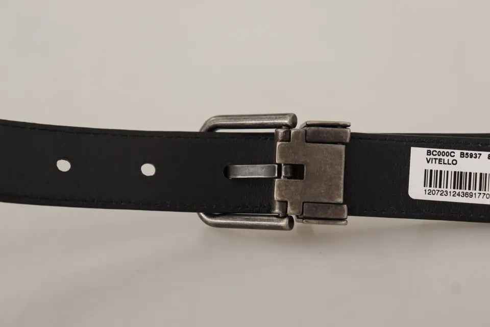Black Calf Leather Vintage Logo Metal Buckle Belt