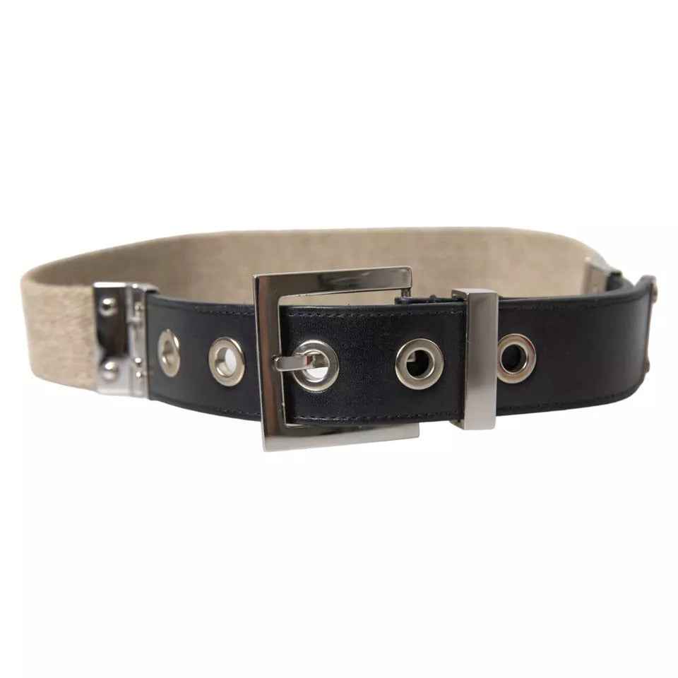 Black Leather Beige Strap Silver Metal Buckle Belt