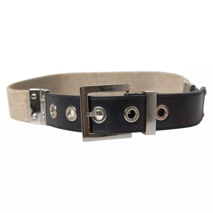 Black Leather Beige Strap Silver Metal Buckle Belt