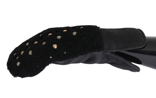 Black Leather Shearling Studded Gloves Dolce & Gabbana
