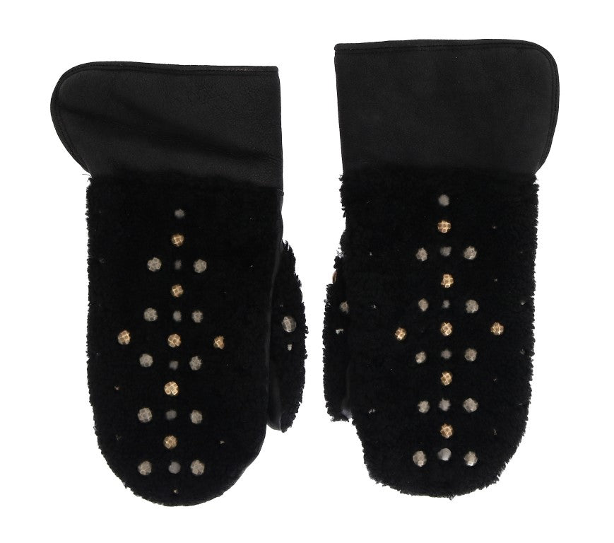 Black Leather Shearling Studded Gloves Dolce & Gabbana