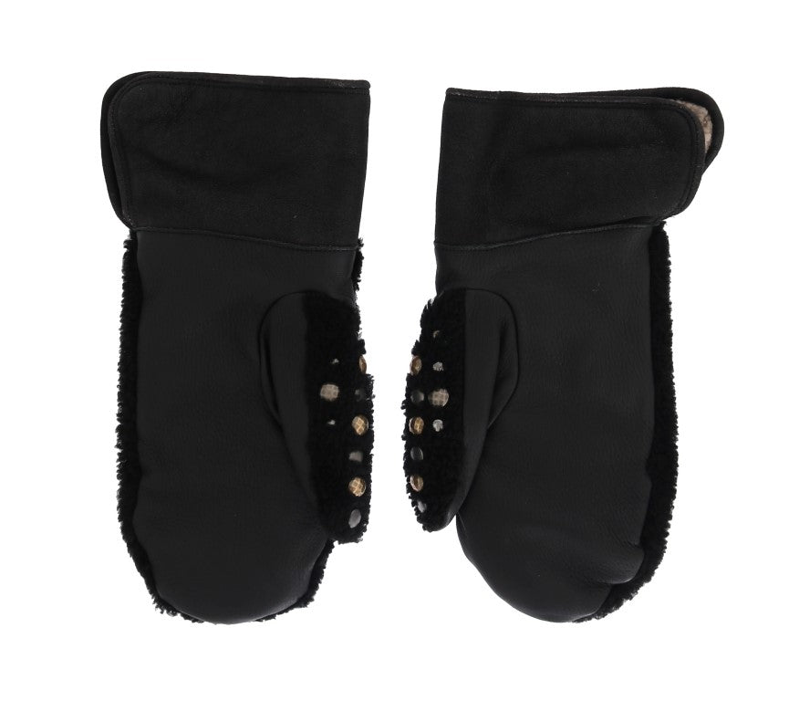Black Leather Shearling Studded Gloves Dolce & Gabbana