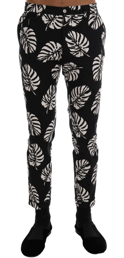 White Black Leaf Cotton Stretch Slim Pants Dolce & Gabbana