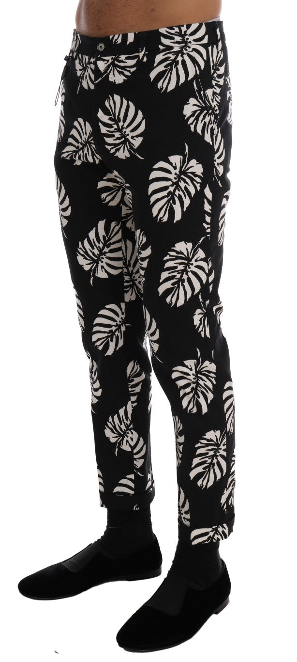 White Black Leaf Cotton Stretch Slim Pants Dolce & Gabbana