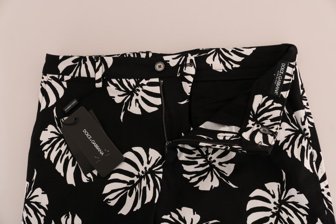 White Black Leaf Cotton Stretch Slim Pants Dolce & Gabbana