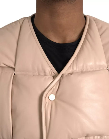 Beige Quilted Sleeveless Calf Leather Jacket