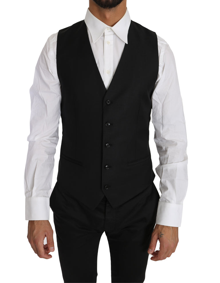 Black Solid Wool Silk Waistcoat Vest Dolce & Gabbana