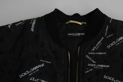 Black Logo Patch Brocade Bomber Full Zip Jacket