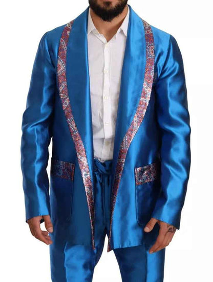 Blue Jacquard Silk Formal 2 Piece Set Suit