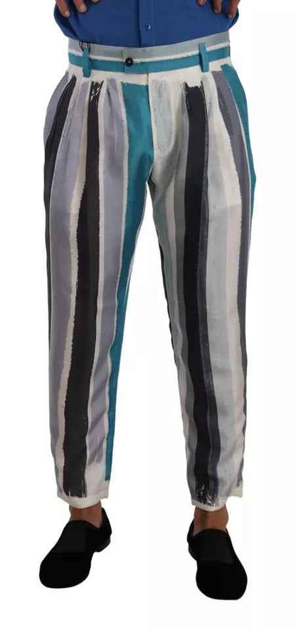 Blue Striped Silk Tapered Pants