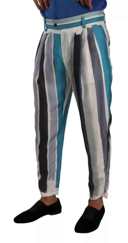 Blue Striped Silk Tapered Pants