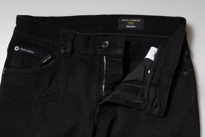 Black Cotton Tattered Skinny Denim Logo Jeans