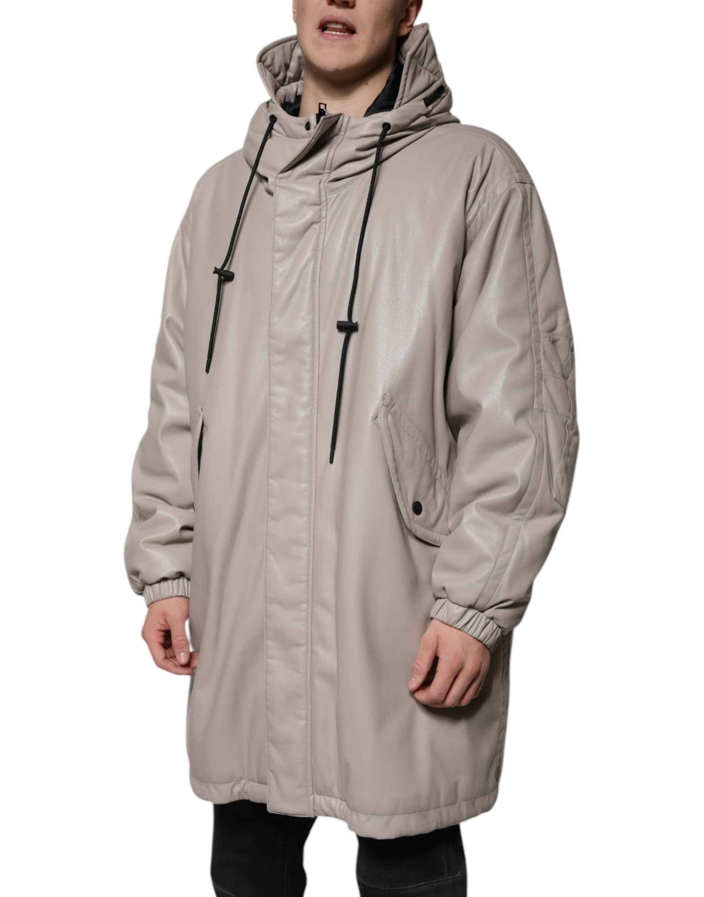 Beige Full Zip Hooded Long Sleeves Casual Coat Jacket