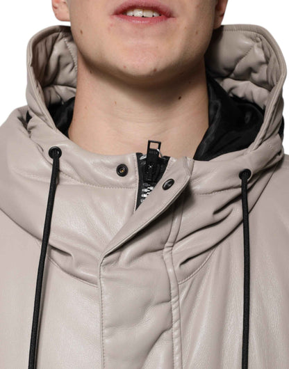 Beige Full Zip Hooded Long Sleeves Casual Coat Jacket