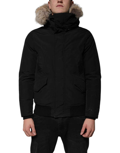 Black Hooded Long Sleeves Fur Shearling Coat Jacket