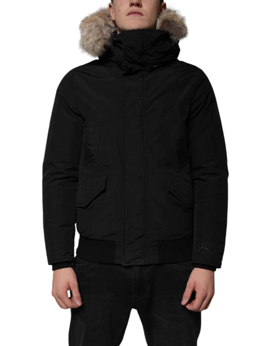 Black Hooded Long Sleeves Fur Shearling Coat Jacket