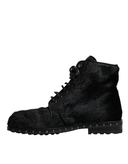 Black Pony Style Leather Mid Calf Boots Shoes