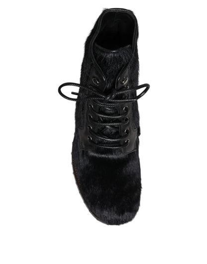 Black Pony Style Leather Mid Calf Boots Shoes