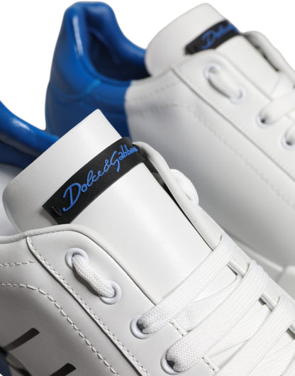White Blue Leather Logo Low Top Sneakers Shoes