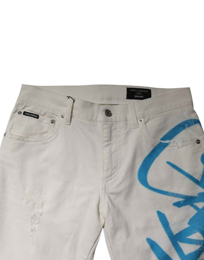 White Tattered Graffiti Skinny Denim Jeans