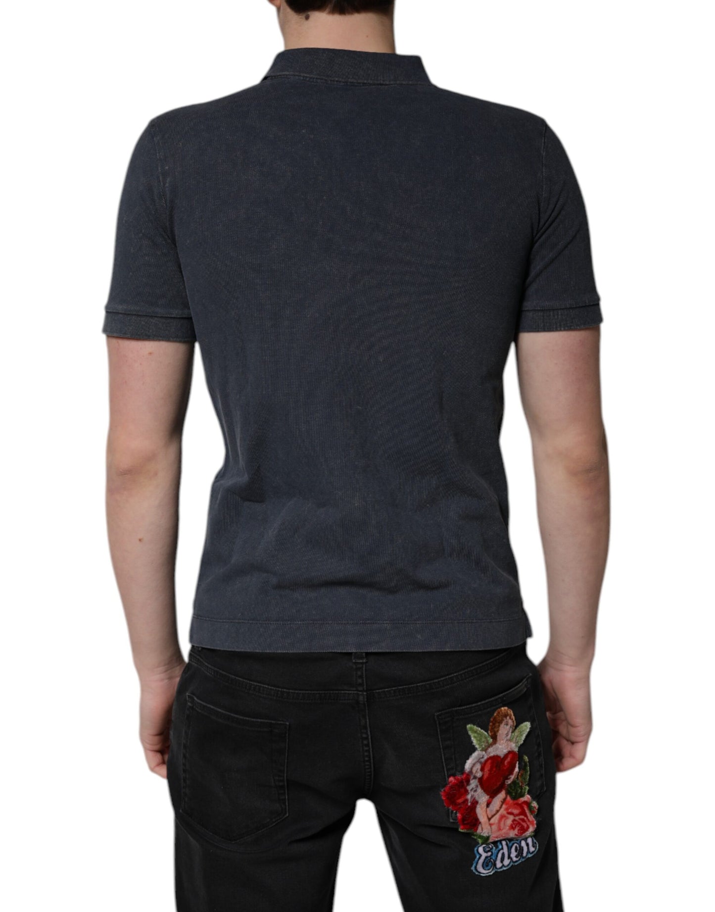 Dark Blue Logo Plaque Cotton Men Polo Shirt T-shirt