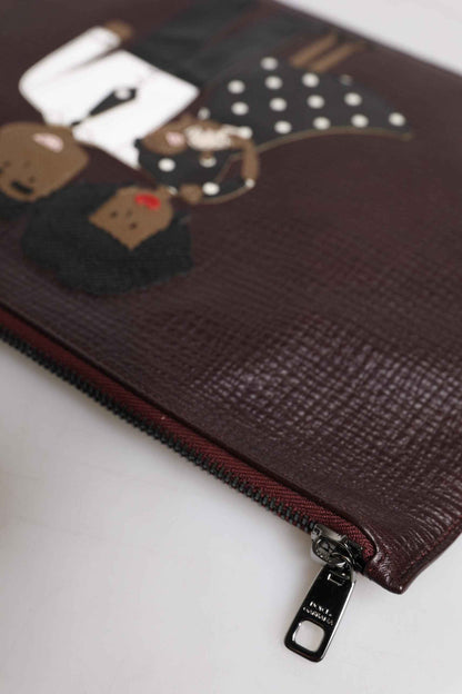 Brown Leather #DGFAMILY Embellished Men Clutch Pouch Bag