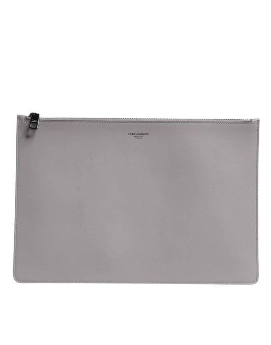 Gray Solid Leather DG Logo Men Clutch Zip Pouch Bag