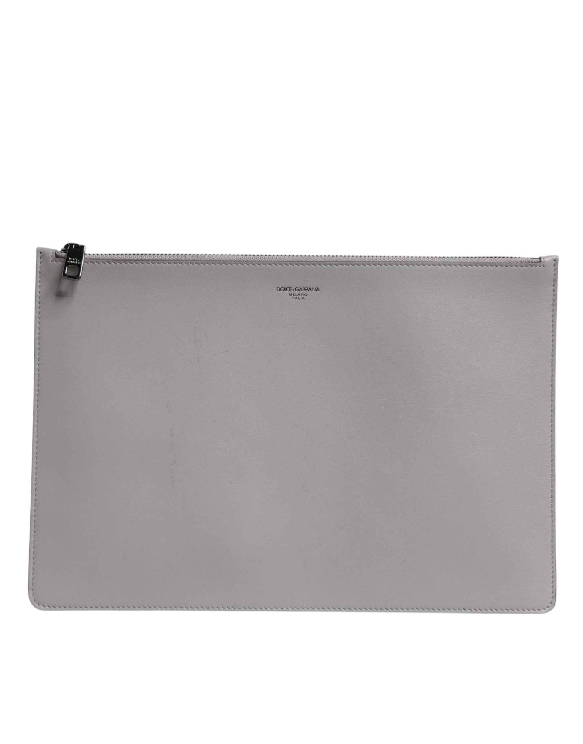 Gray Solid Leather DG Logo Men Clutch Zip Pouch Bag