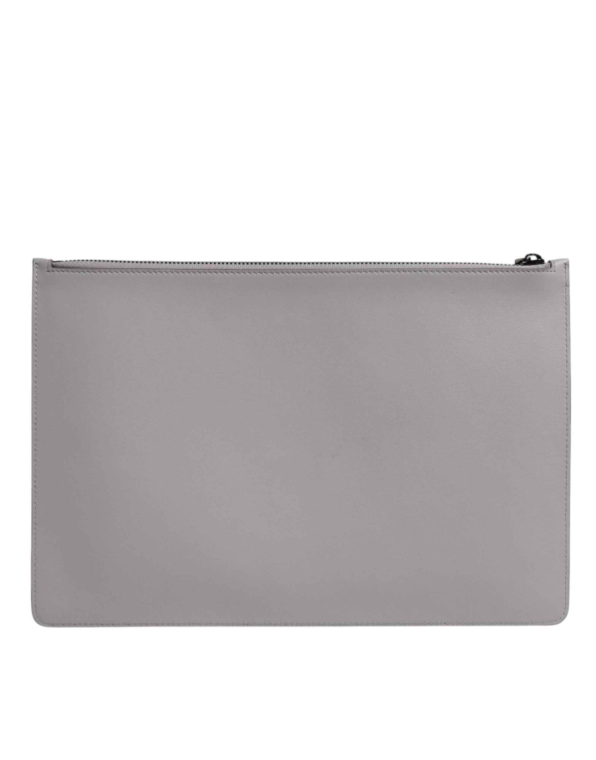 Gray Solid Leather DG Logo Men Clutch Zip Pouch Bag