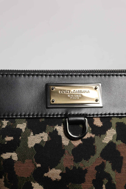 Multicolor Leopard Jacquard Print Logo Plaque Pouch Bag