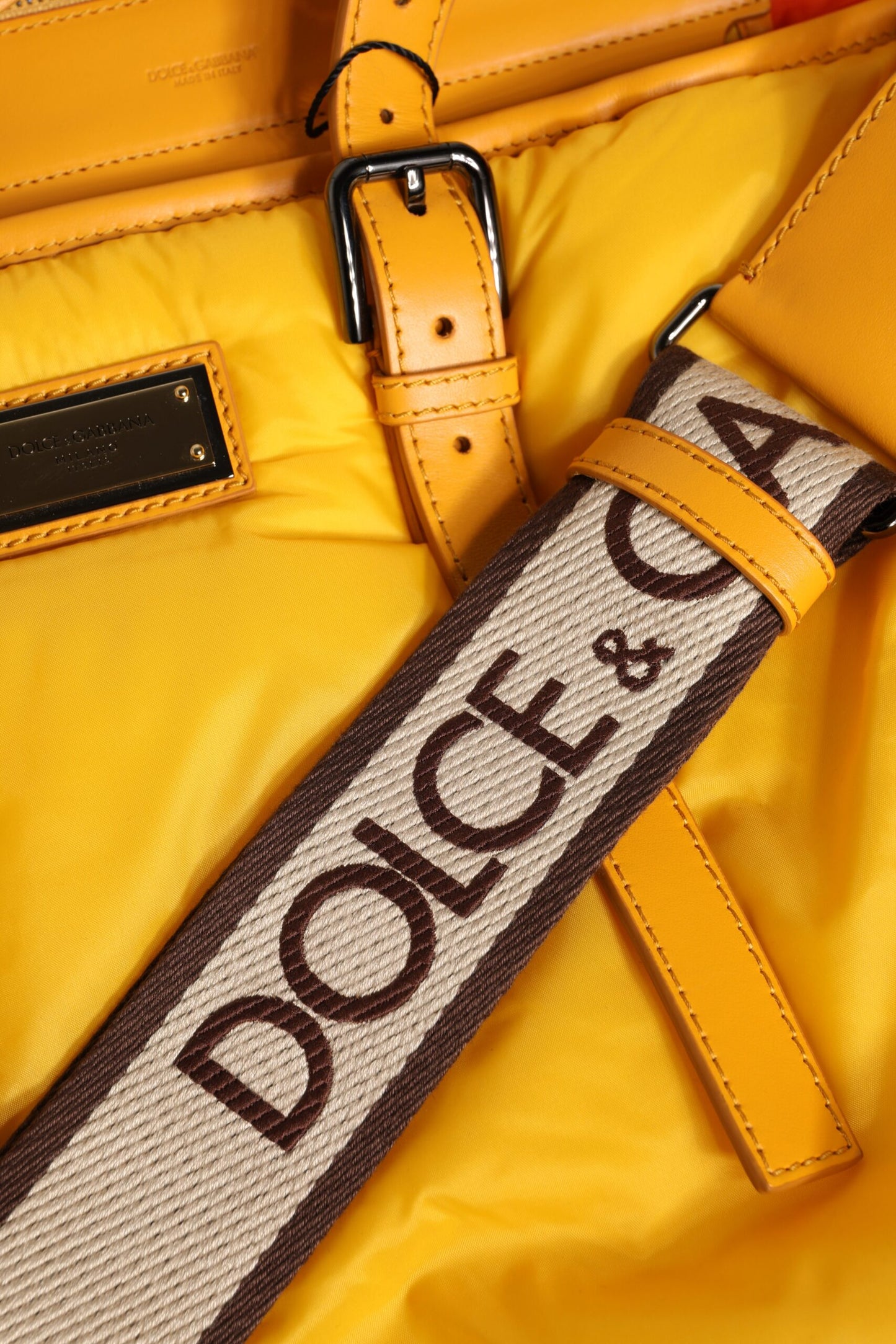 Yellow Orange Nylon Logo Plaque Hand Shoulder Duffle Bag