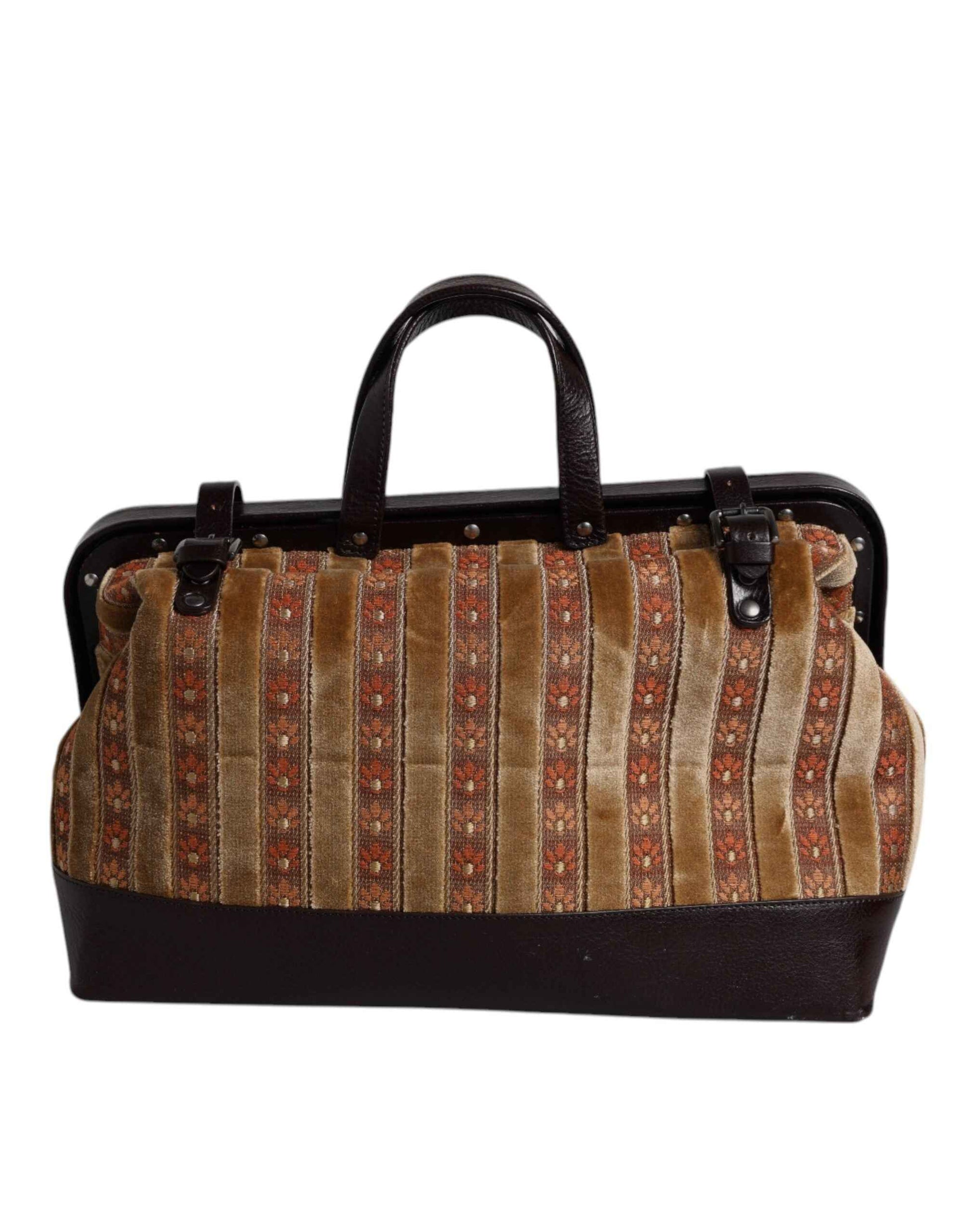 Beige Maroon Velvet Leather Jacquard Travel Handbag Bag